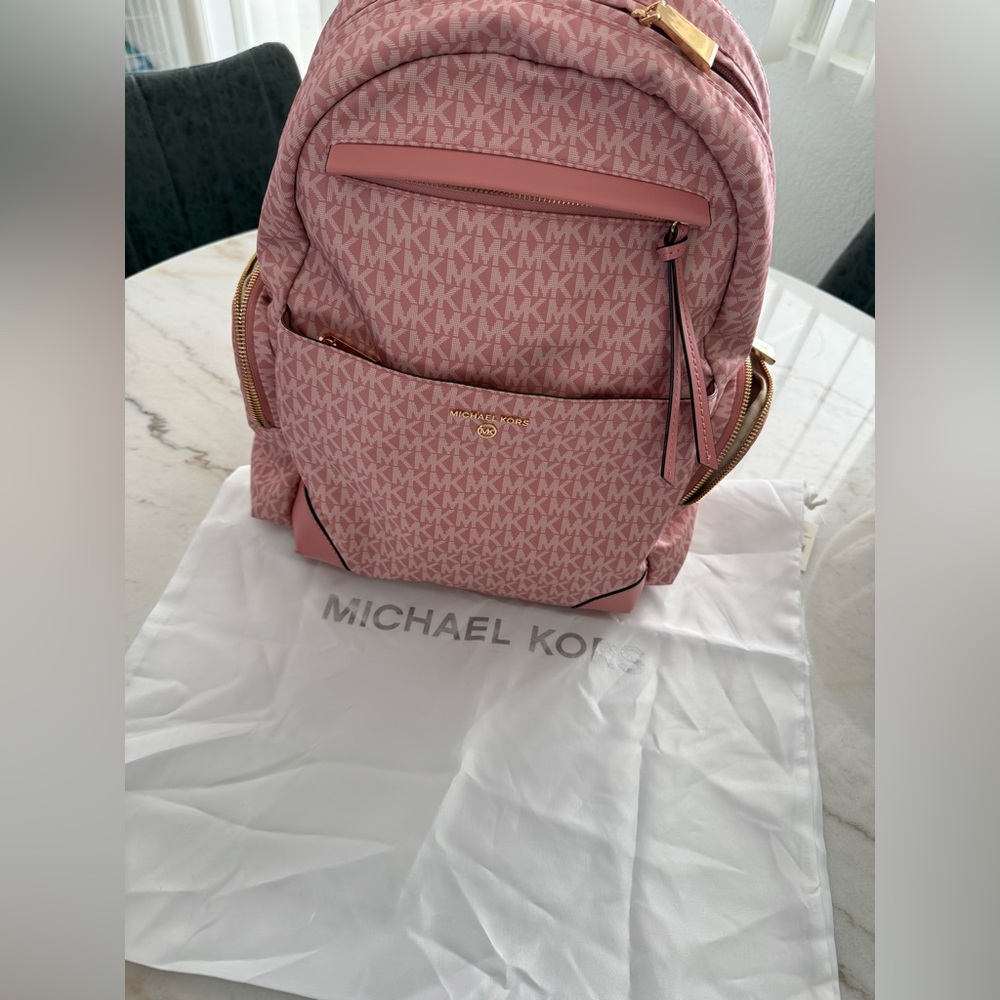 Michael Kors Pink Prescott Large Signature Logo Print Woven Backpack - Picture 14 of 15